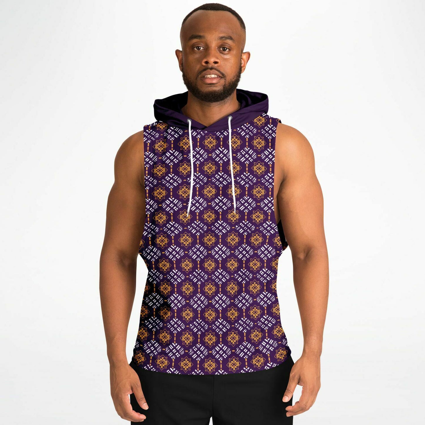 Omega Psi Phi Colors African Print Athletic Drop Armhole Hoodie, Men's Purple & Gold Athletic Ethnic  Print Workout Pull Over Gear