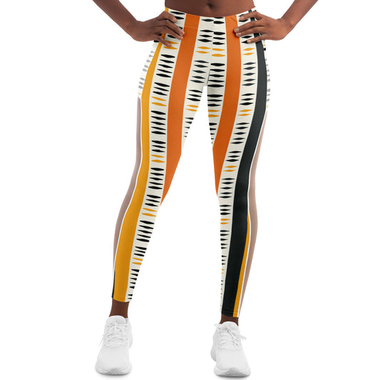 Orange, Blue, Yellow Lines African Mud Cloth MeshPocket Leggings, Tribal Print Women's Fashion