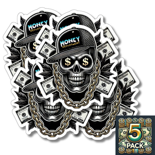 Money Department Stickers Pack of 5, Skull Urban Streetwear Design, Glossy Finish, 4 Sizes Available