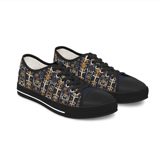 Golden Shamanic Serenity Afrocentric Women's Low Top Tennis Shoes, Navy Blue & Gold Tribal Print Women Footwear