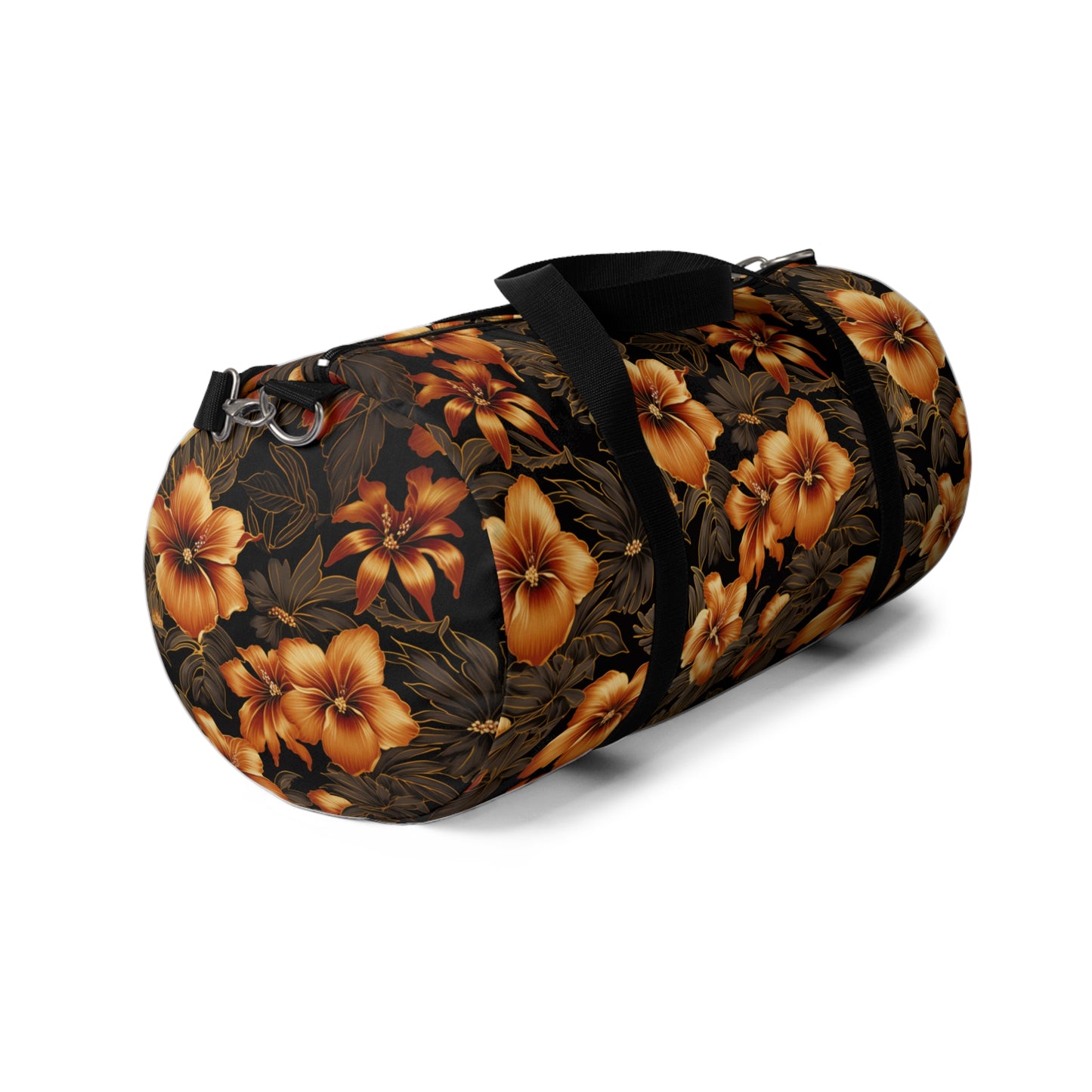 Golden Floral Hawaiian Print Duffle Bag, Black & Yellow Hawaiian Gym Bag