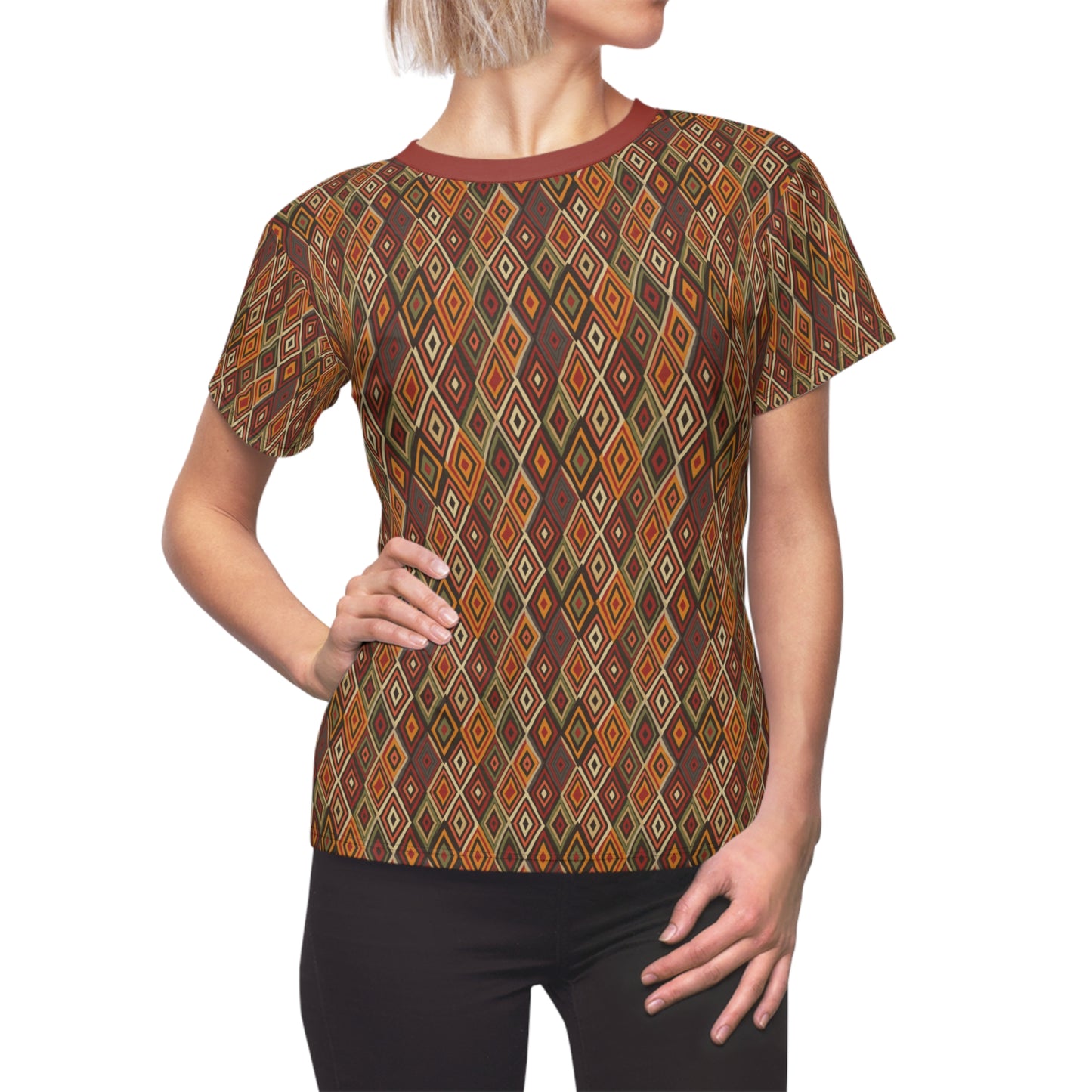 Women's Geometric African Diamond Pattern T-Shirt, Vibrant Tribal Colors Tee