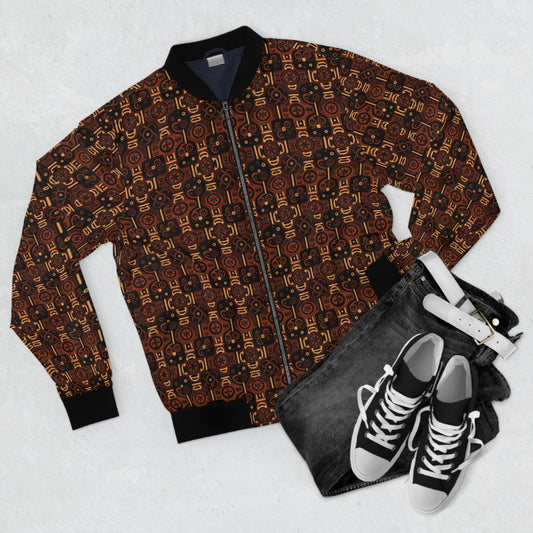 Brown African Wax Print Men's Men's Bomber Jacket, Artistic African Design Jacket