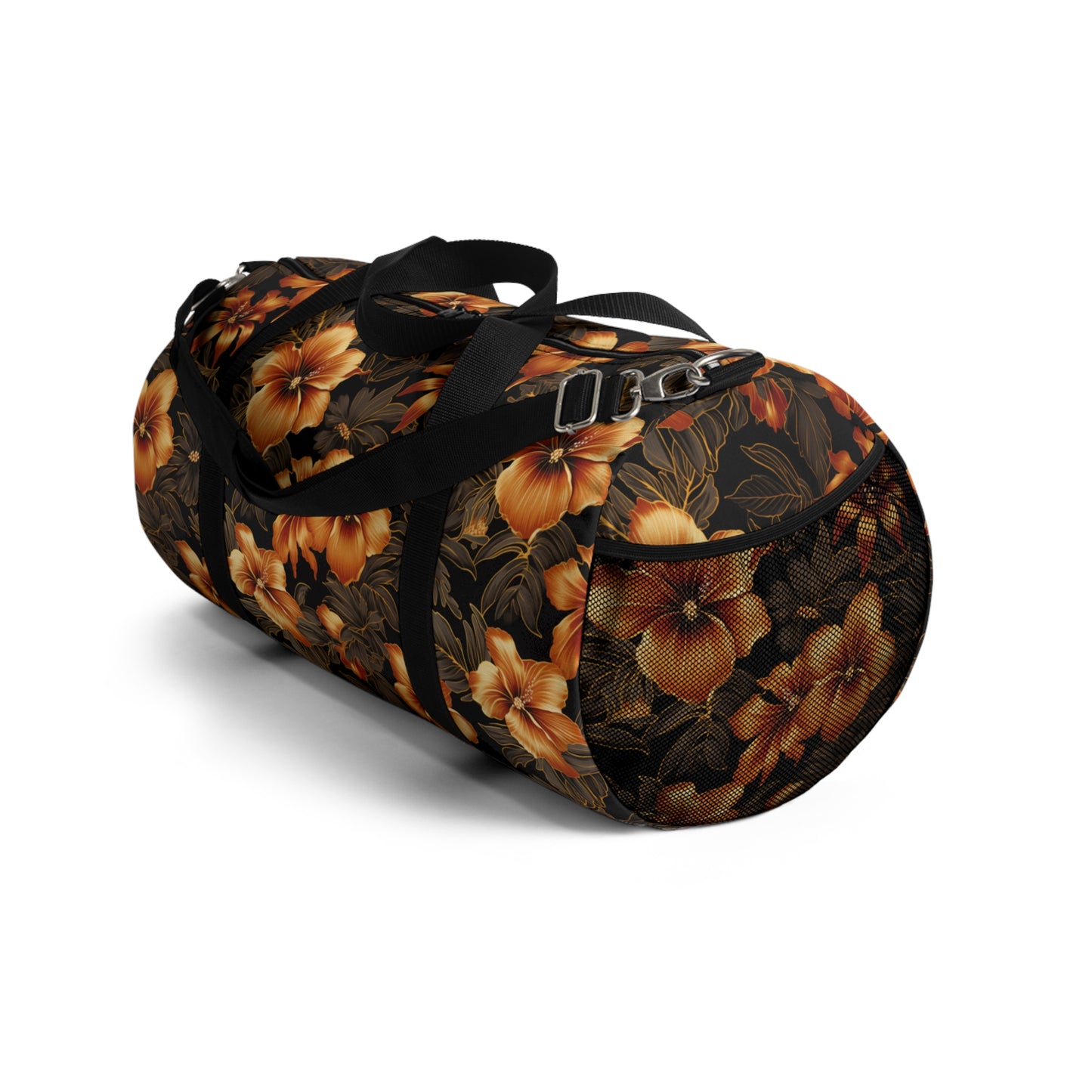 Golden Floral Hawaiian Print Duffle Bag, Black & Yellow Hawaiian Gym Bag