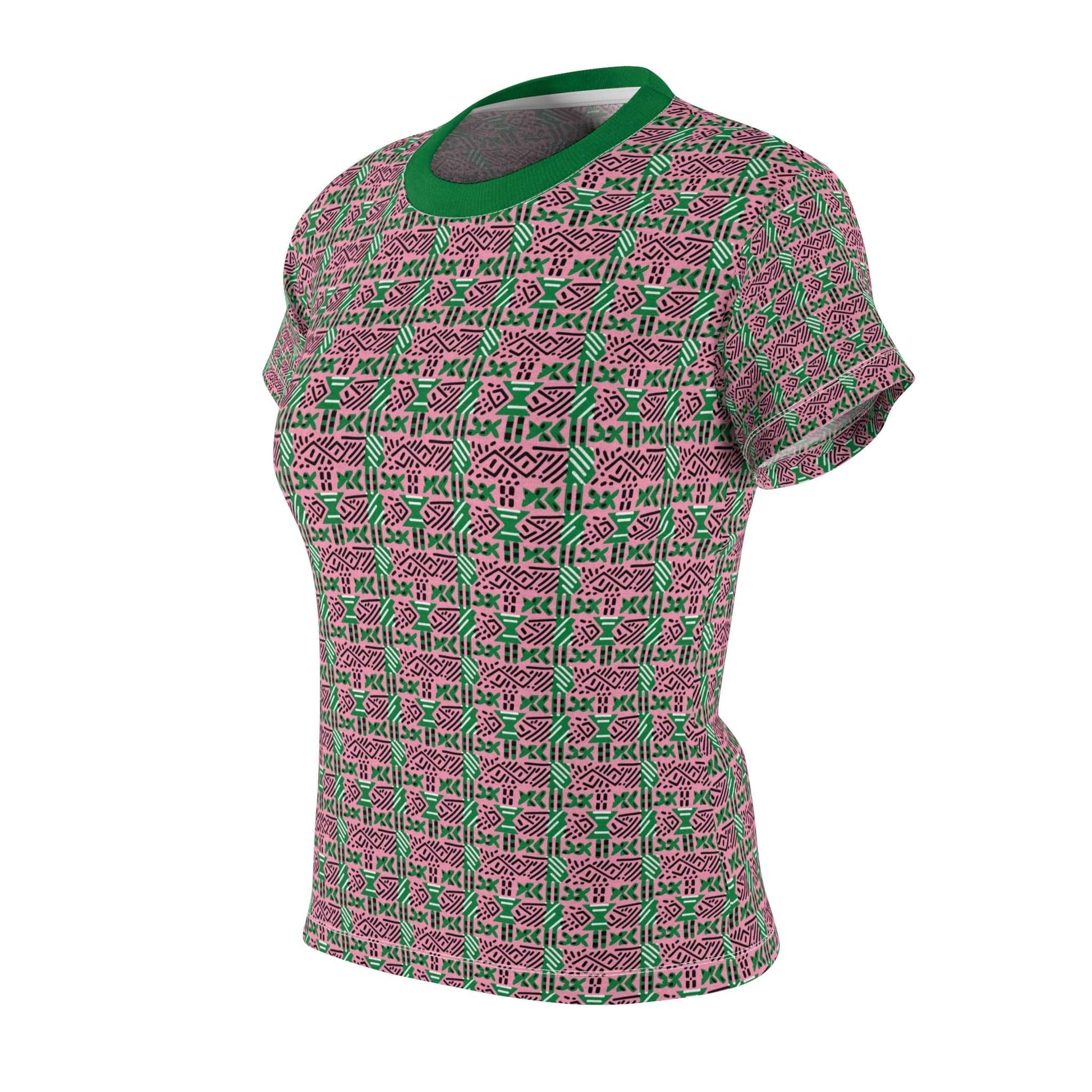 AKA Sorority Pink and Green Women's T-Shirt, Pink & Green MudCloth Print Ladies Top