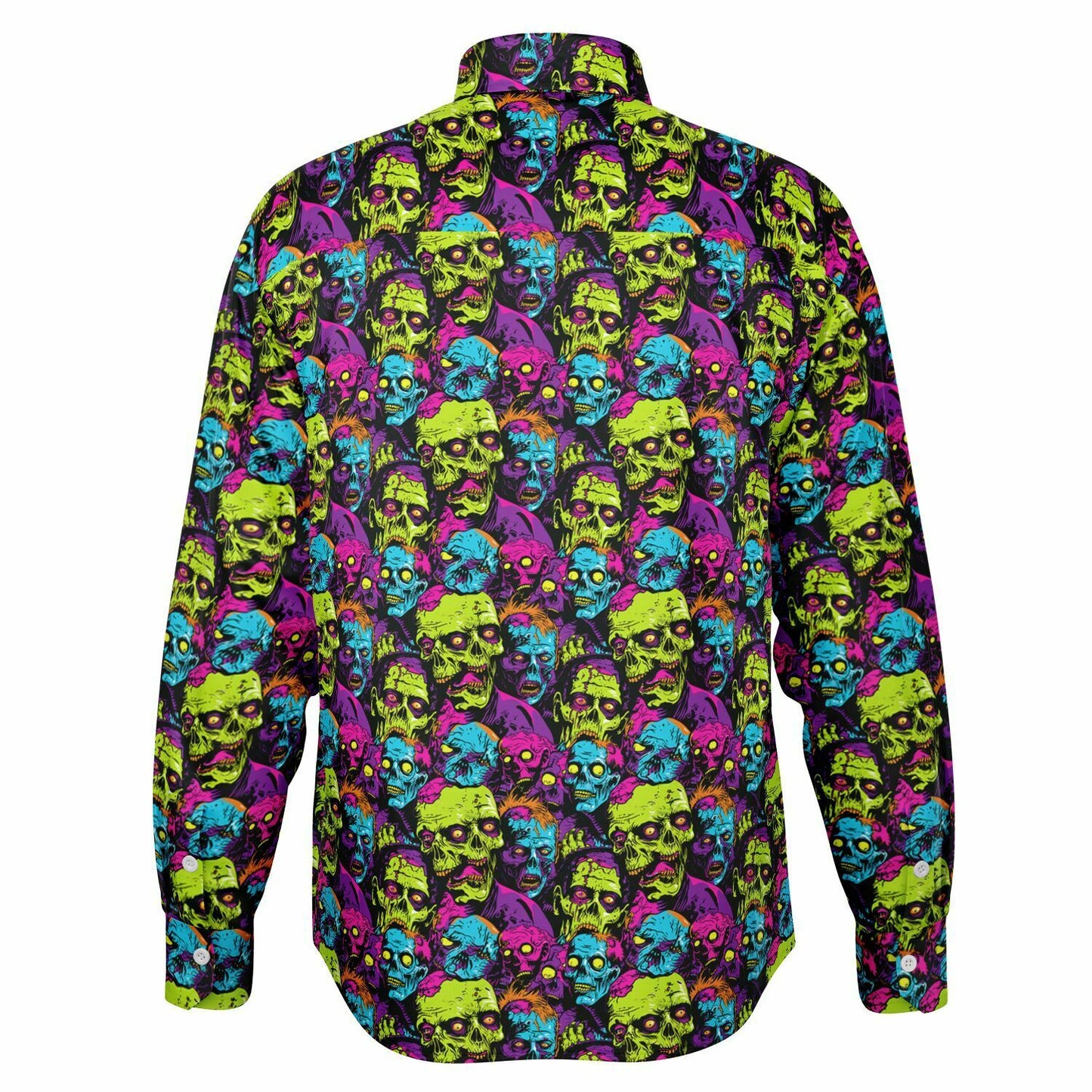 Bold Neon Zombie Horde Button Down Shirt, Comic Book Inspired Long Sleeve, Men’s Halloween Party Outfit