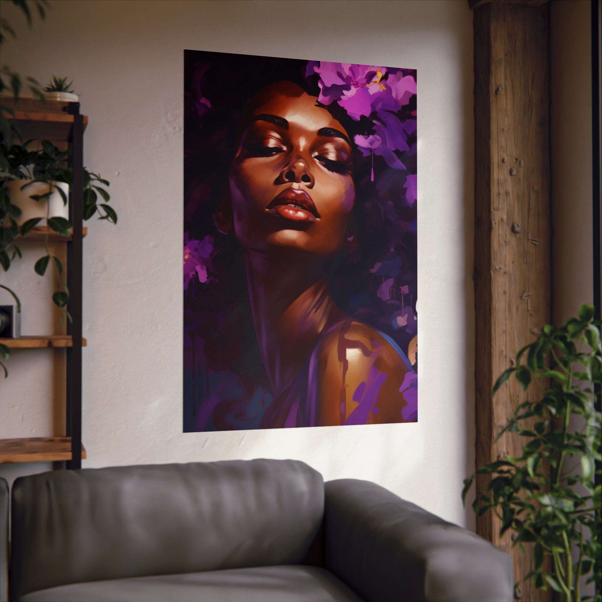 African Woman Matte Vertical Poster Print, Art Nouveau Purple Art Decor,  Black Woman Art Matte Vertical Posters