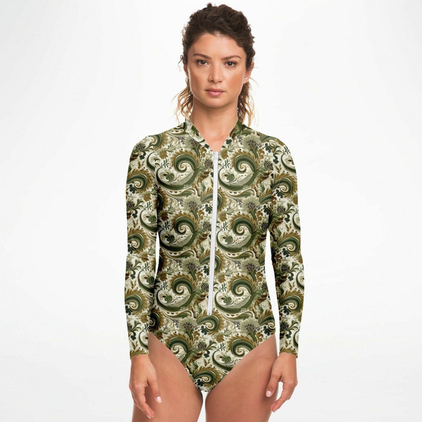 Green & Tan Paisley Print Long Sleeve Bodysuit | Trend Boho Chic Fashion | Paisley Print Women's Fashion | Bandana Print Bodysuit