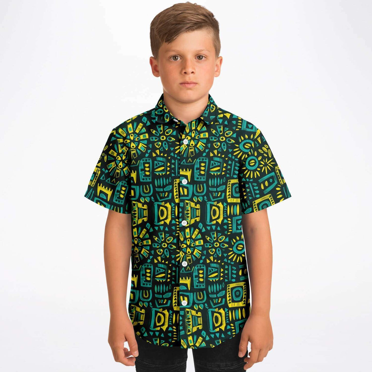 Blue, Green, Yellow African Print Kids Youth Short Sleeve Button Down Shirt