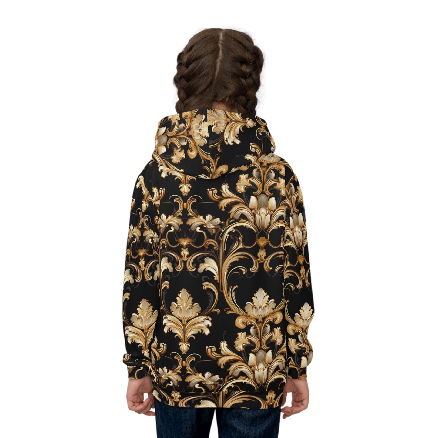 Baroque-Inspired Gold Print Hoodie, Urban Streetwear Style Sweater for Kids