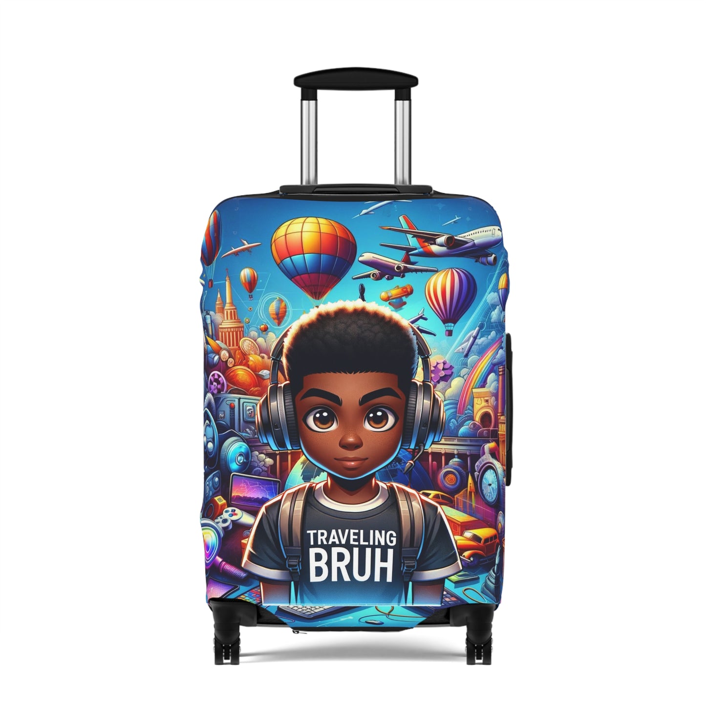 Traveling Bruh Moment Luggage Cover, Black Boy Joy Suitcase Protector