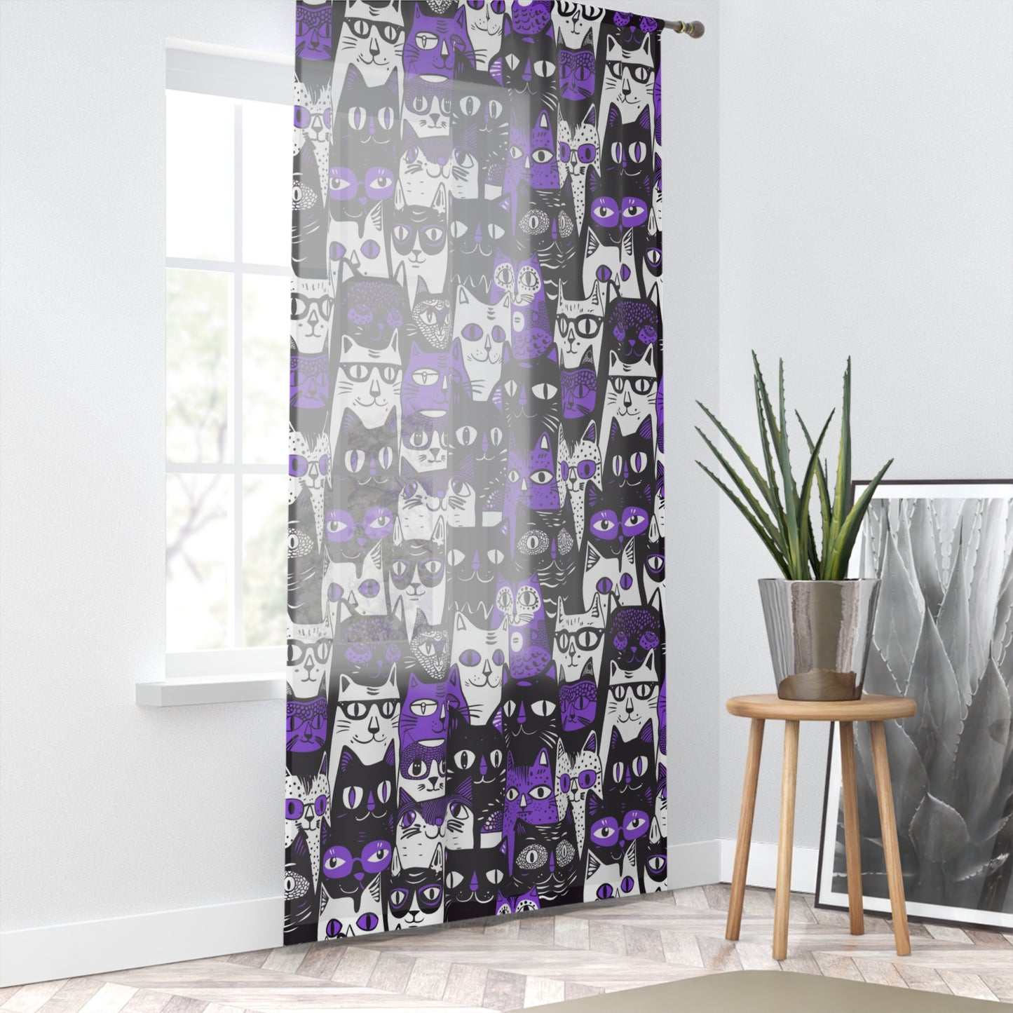 Purple Whimsical Cat Faces Window Curtain, 50" x 84" Animal Themed Matching Room Decor