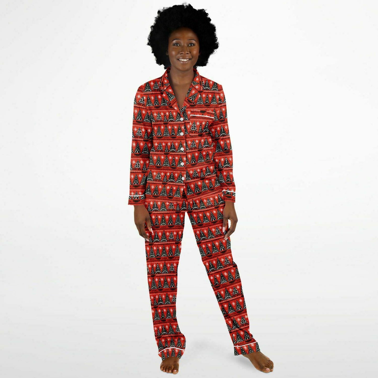 Women's African Print Christmas Tree Satin Pajama Set | African Print Luxury Sleepwear | Holiday Women's Pajama Set - Ships Free