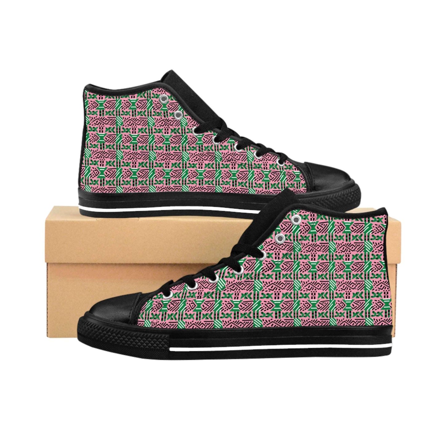 AKA Sorority Colors African Print Women's Hi-Top Shoes, Pink & Green Mud Cloth Print Sneakers