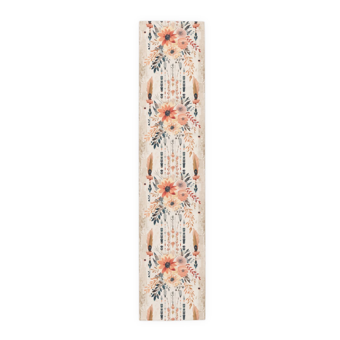 Boho Chic Table Runner – Earthy Floral and Feather Design in Cotton Twill or Polyester