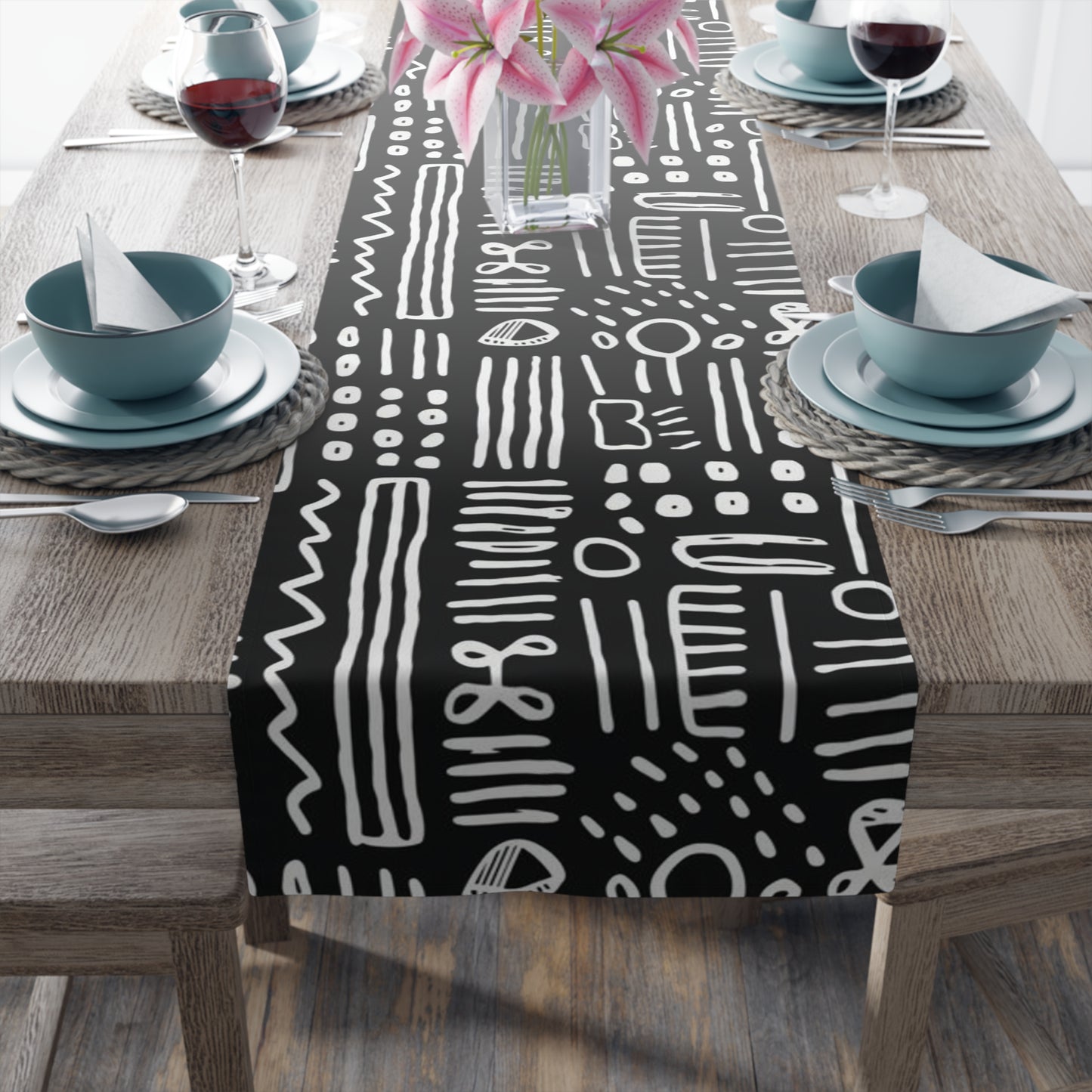 Black White African Mud Cloth Table Runner, African Print Table Decor