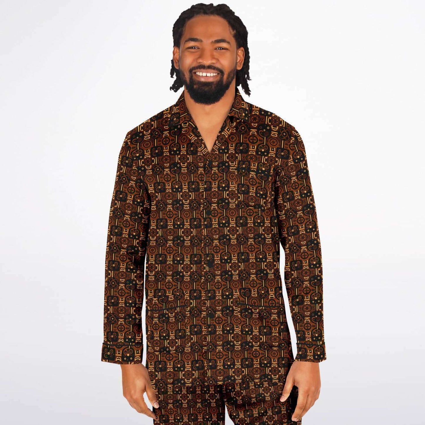 Brown African Wax Print  Men's Satin Pajama Set | Adinkra Symbols African Print' Big & Tall Satin Cozy Men's Loungewear