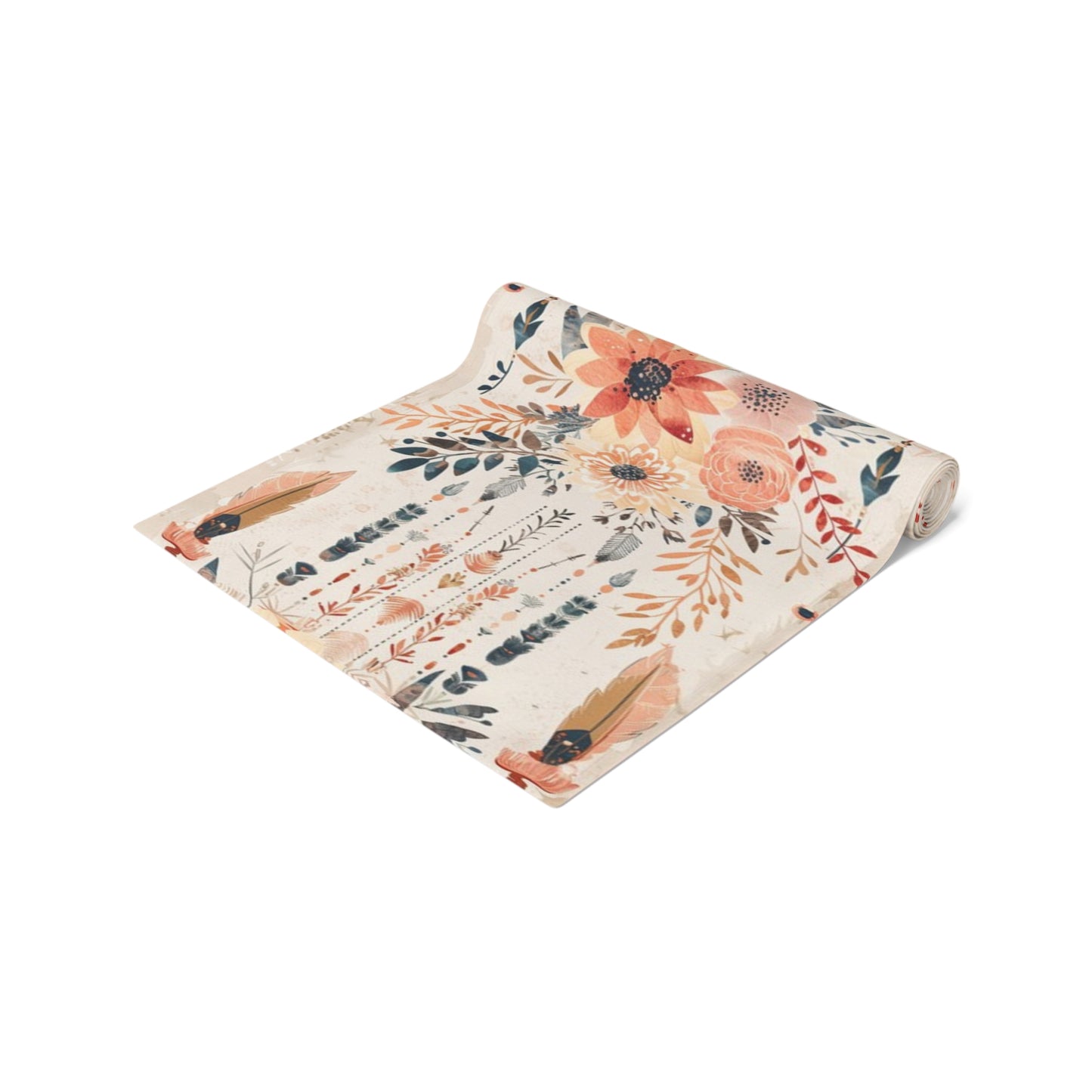 Boho Chic Table Runner – Earthy Floral and Feather Design in Cotton Twill or Polyester