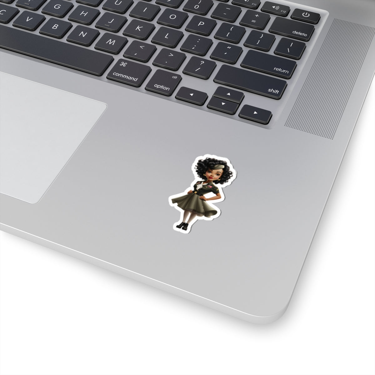 Animated Black Woman Military Pin-Up Sticker, Black Woman Pin Up Style Art Decal