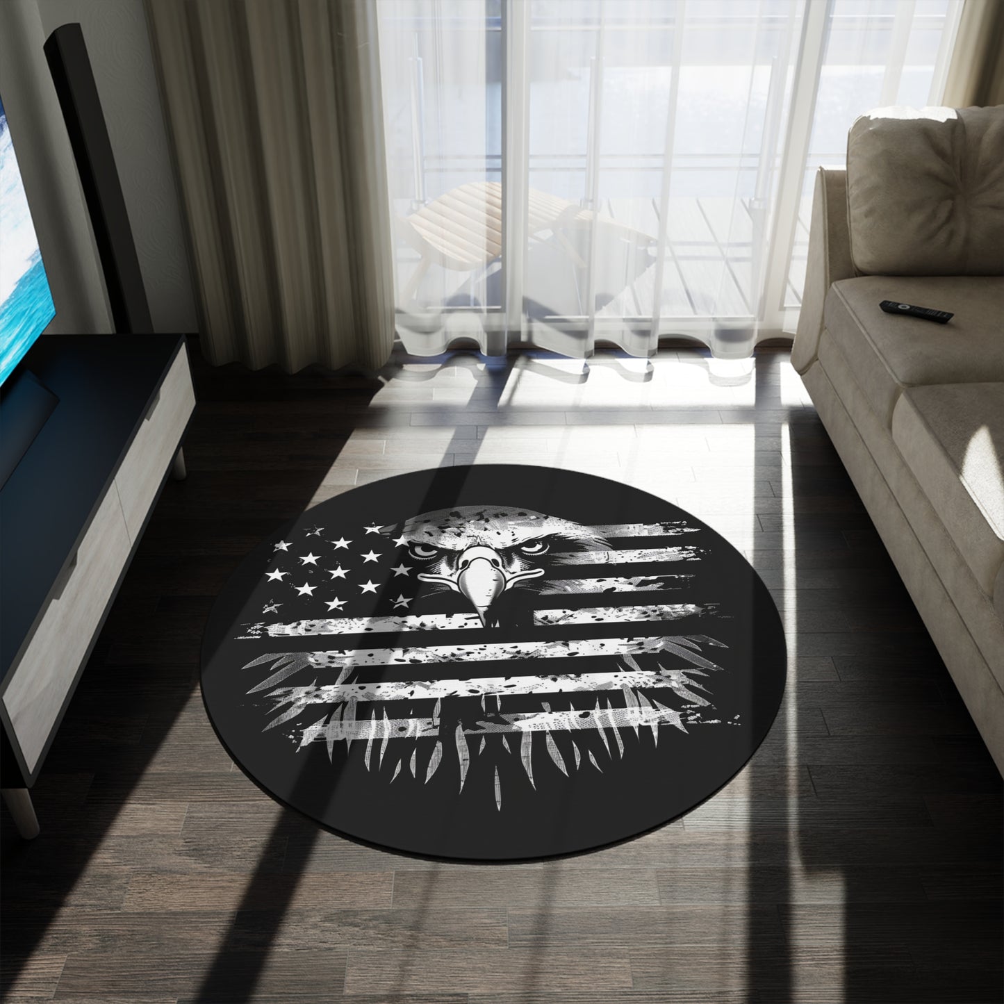 Patriotic Eagle American Flag Indoor Round Rug, 60" Black Chenille Accent Decor