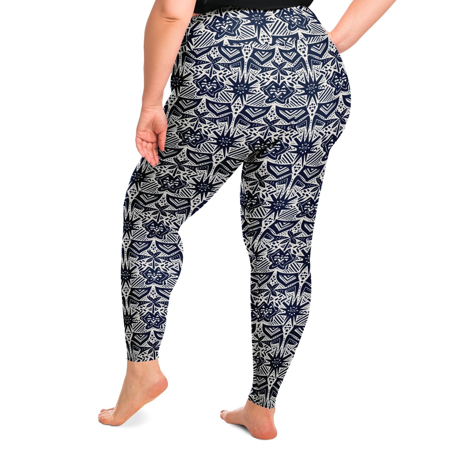 Blue & White African Mud Cloth Plus Size 2XL - 6XL Women's Leggings | Plus Size African Print Activewear | High Waistband Ethnic Yoga Pants