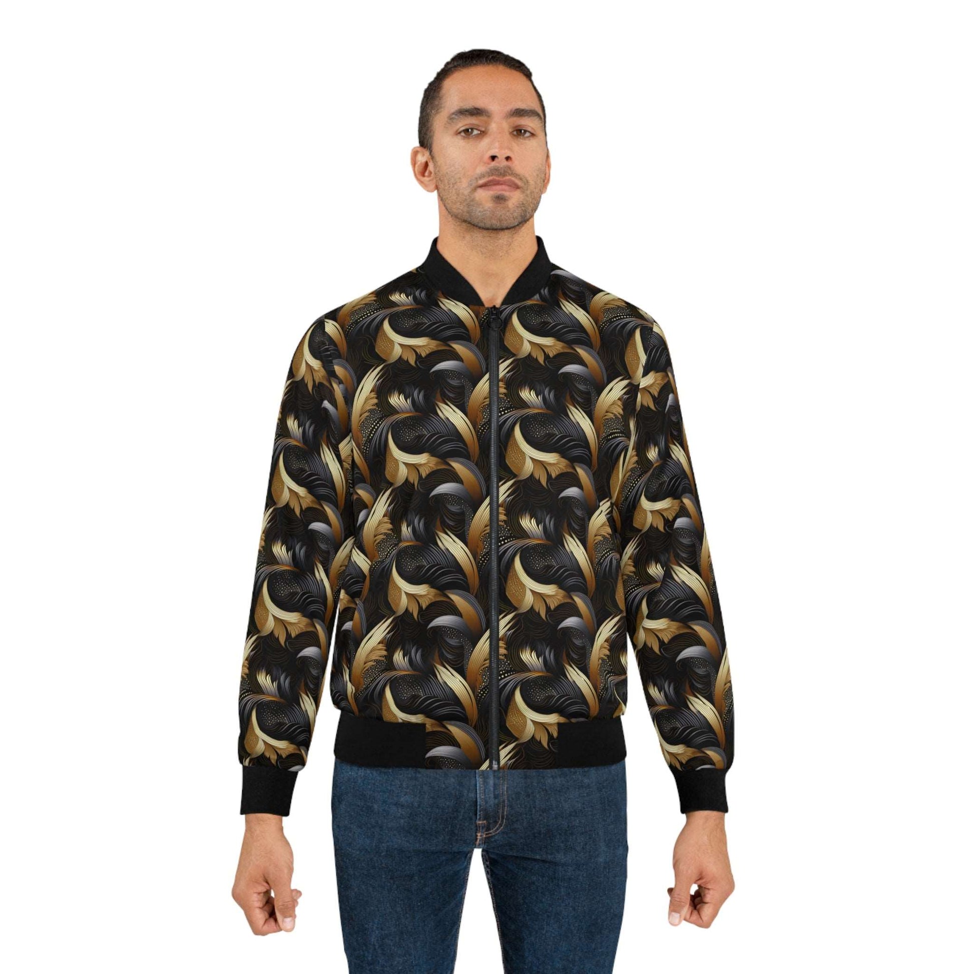 African Print Heritage Swirls: Indigo Gold  Men's Bomber Jacket