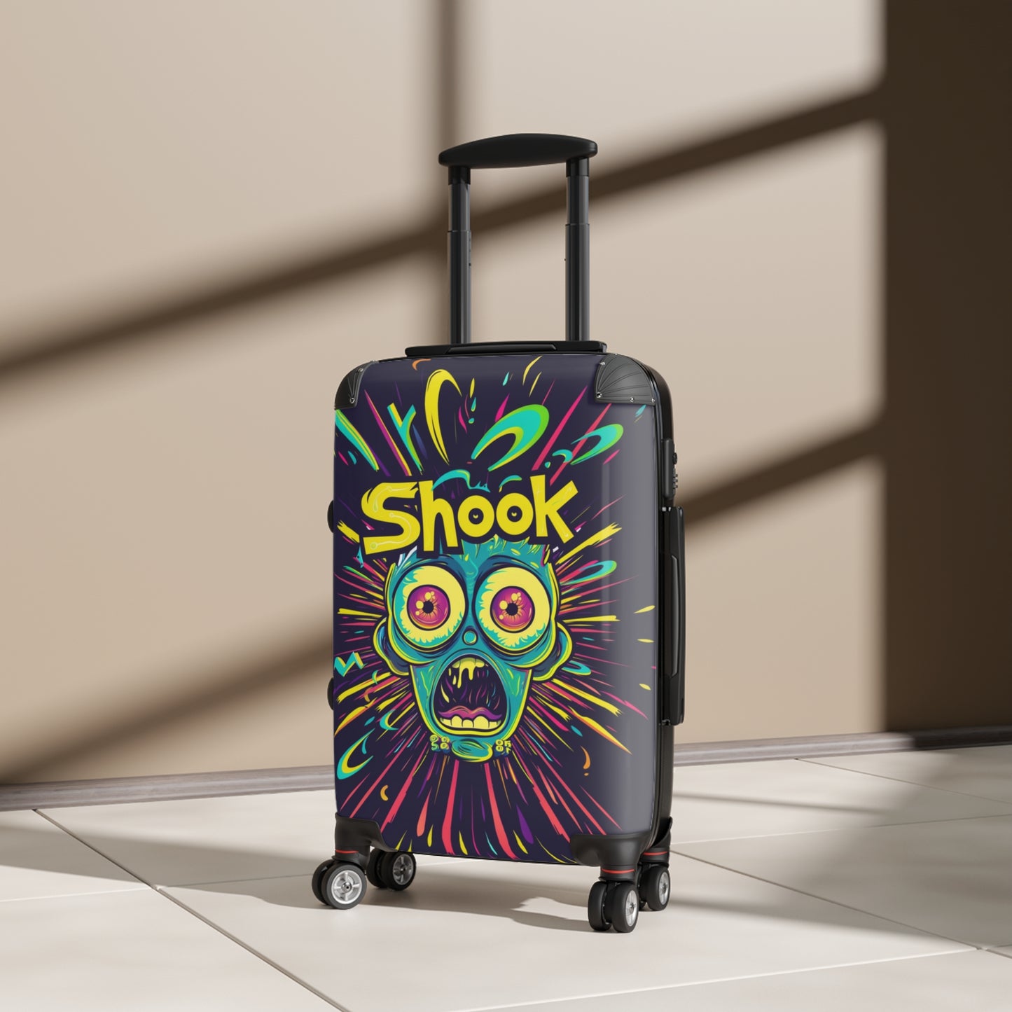 Urban Neon Pop Art "Shook" Rolling Luggage, Cartoon Streetwear Style Design, Personalized Travel Gear For Kids, Bold Fun Wild Art Suitcase