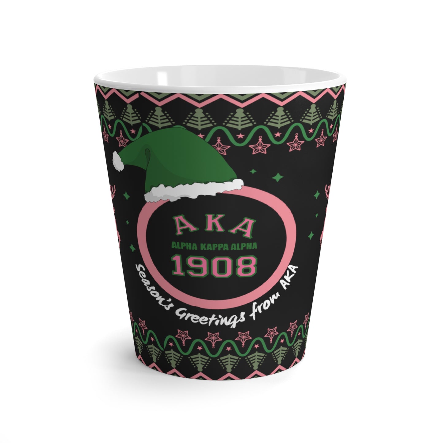 AKA 1908 Pink & Green Holiday Latte Mug, Custom 12oz Christmas Themed Cup