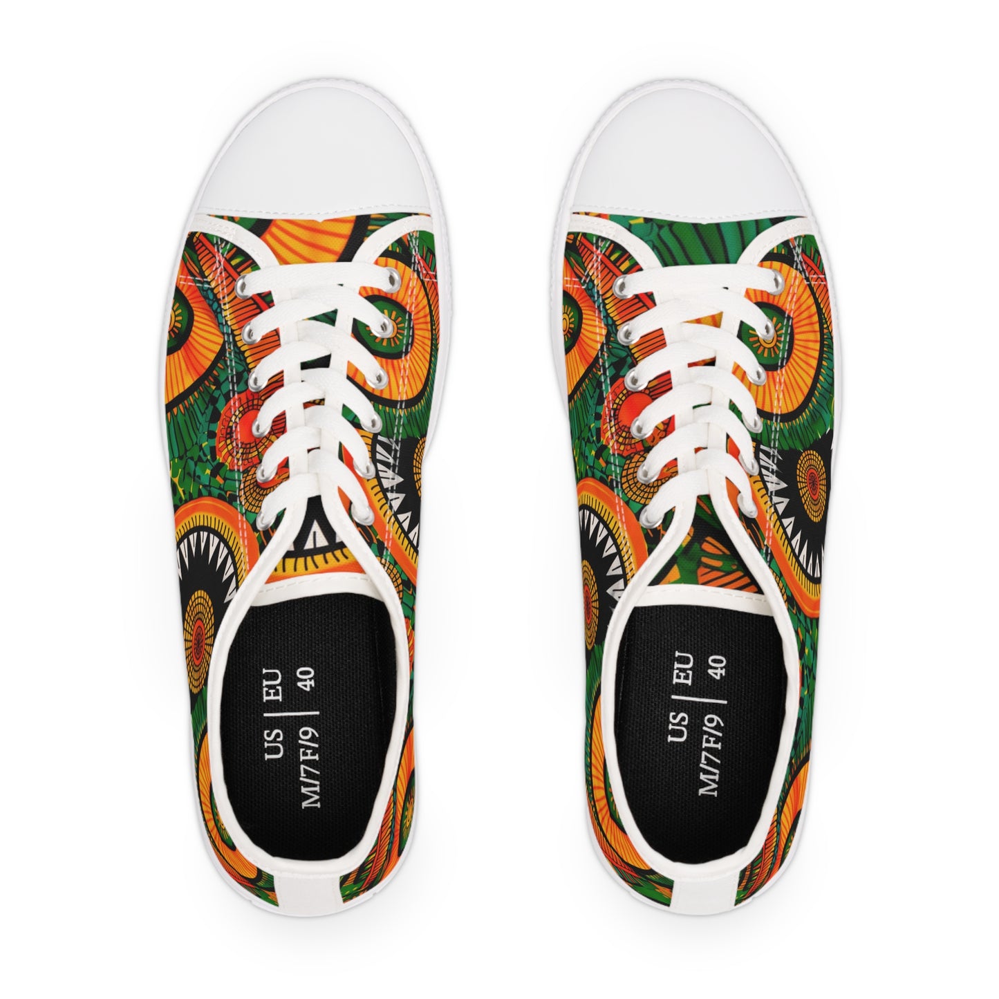 Orange, Green Yellow Africa Ankara Print Women's Low Top Sneakers, Black & Red Geometric Pattern Canvas Shoes, Comfortable Tribal Print