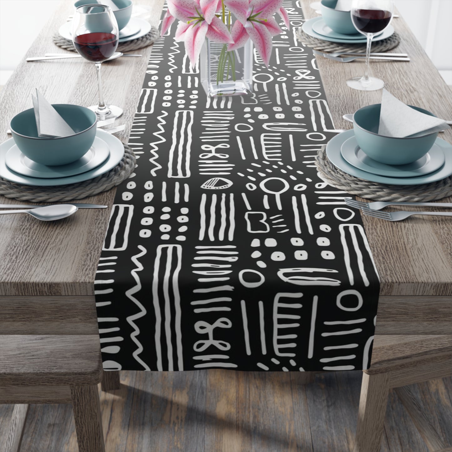 Black White African Mud Cloth Table Runner, African Print Table Decor