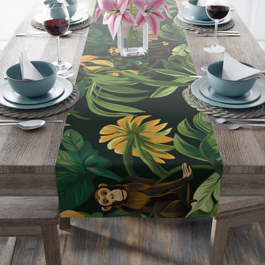 Jungle Safari Table Runner Decor, Exotic Animals, Green Leaves Party Decor