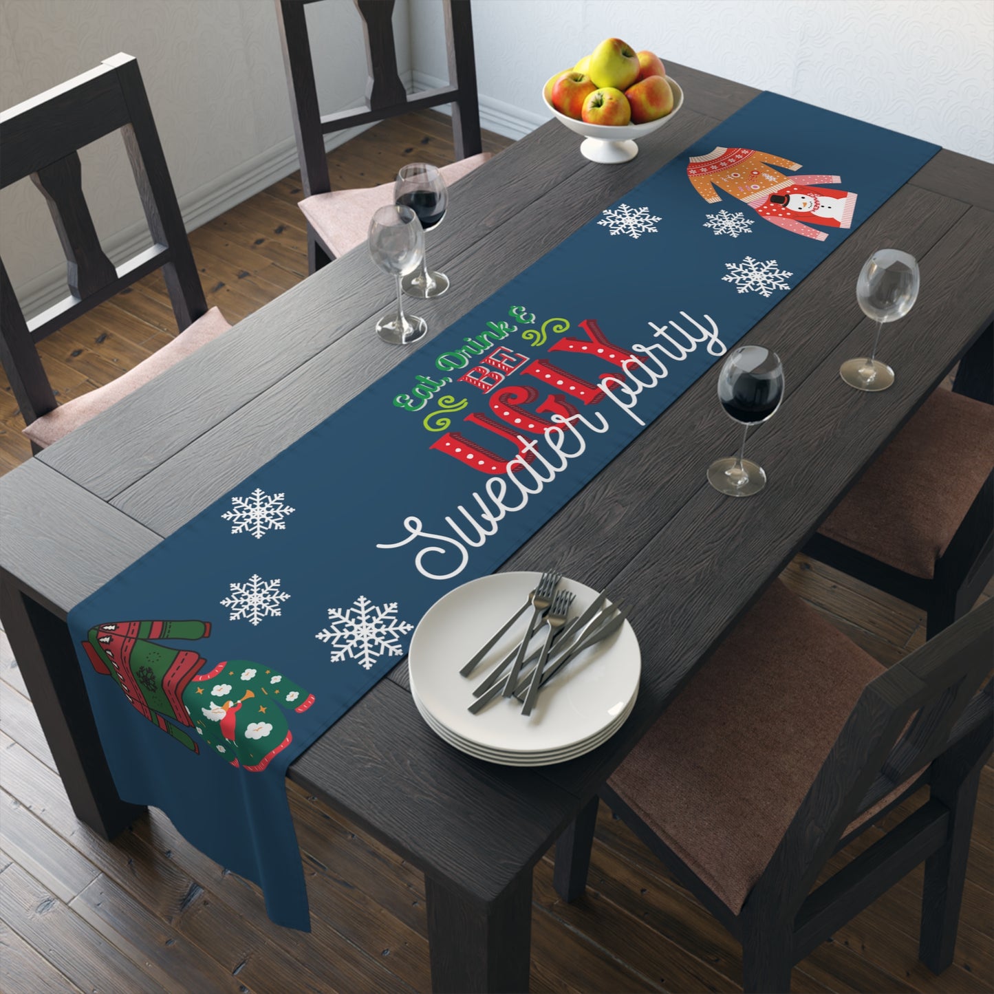 Eat, Drink, and Be Ugly Ugly Sweater Party Table Runner, Christmas Party Textiles