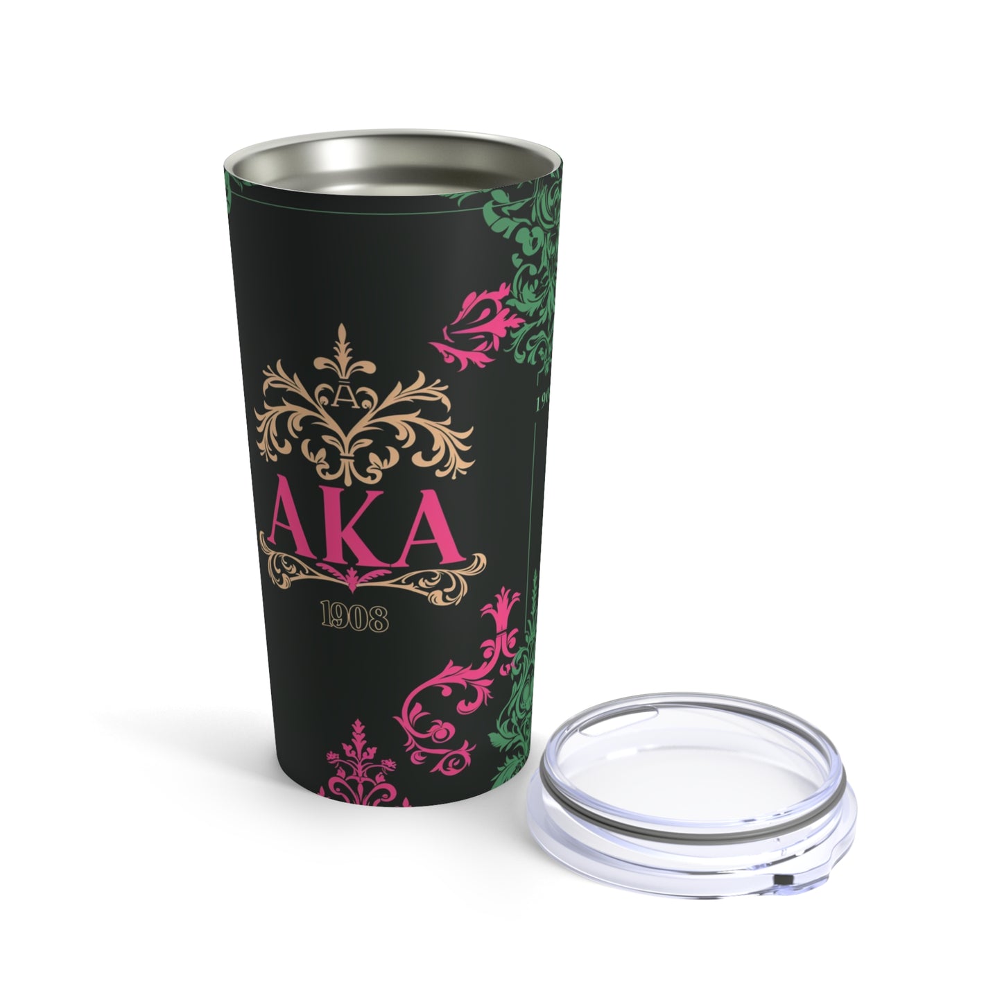 AKA Sorority Pink & Green 20oz Tumbler, Vacuum Insulated Greek Life Reusable Cup, Glossy Sorority Pattern Stainless Steel Cup