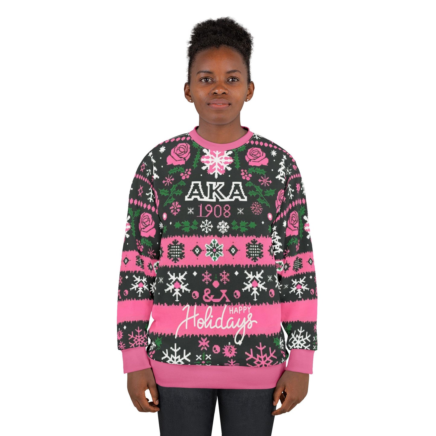 AKA Sorority Celebration Holiday Ugly Sweatshirt All Over Print, Festive Pink and Green