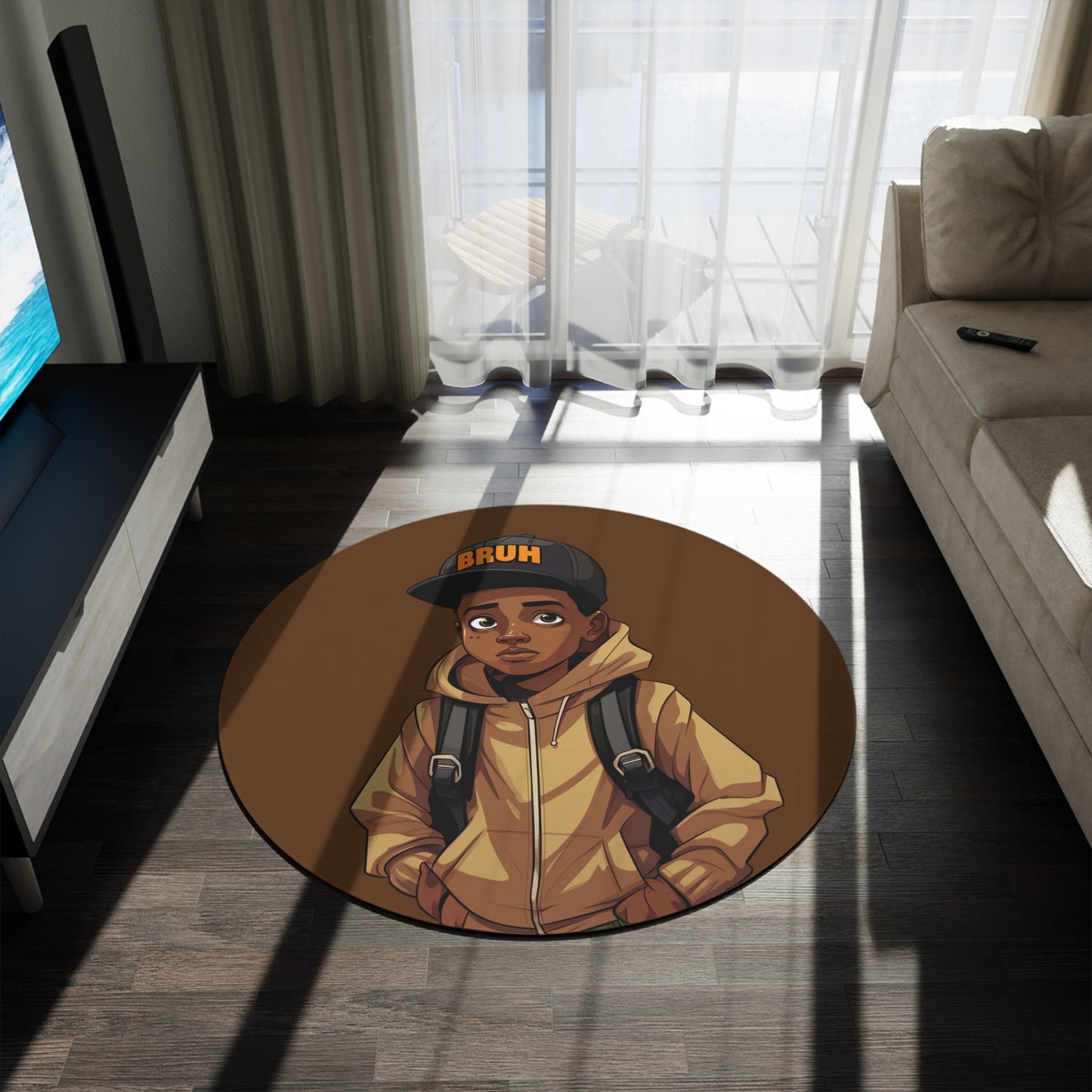 Young Black Boy 'Bruh' Decorative Round Rug, Vibrant Home Decor for Teens