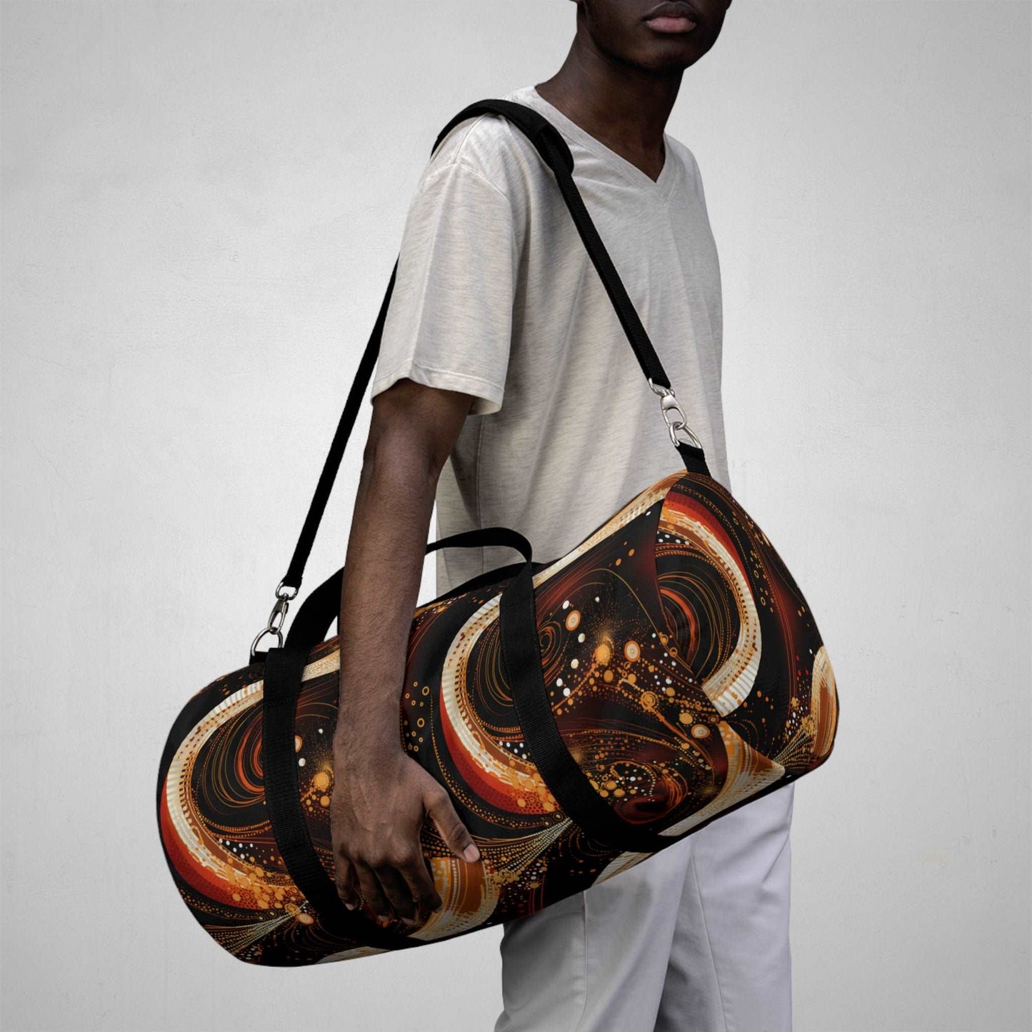 Black & Gold African Print Duffle Bag, Modern Abstract Pattern in Dark Orange and White Gym Bag