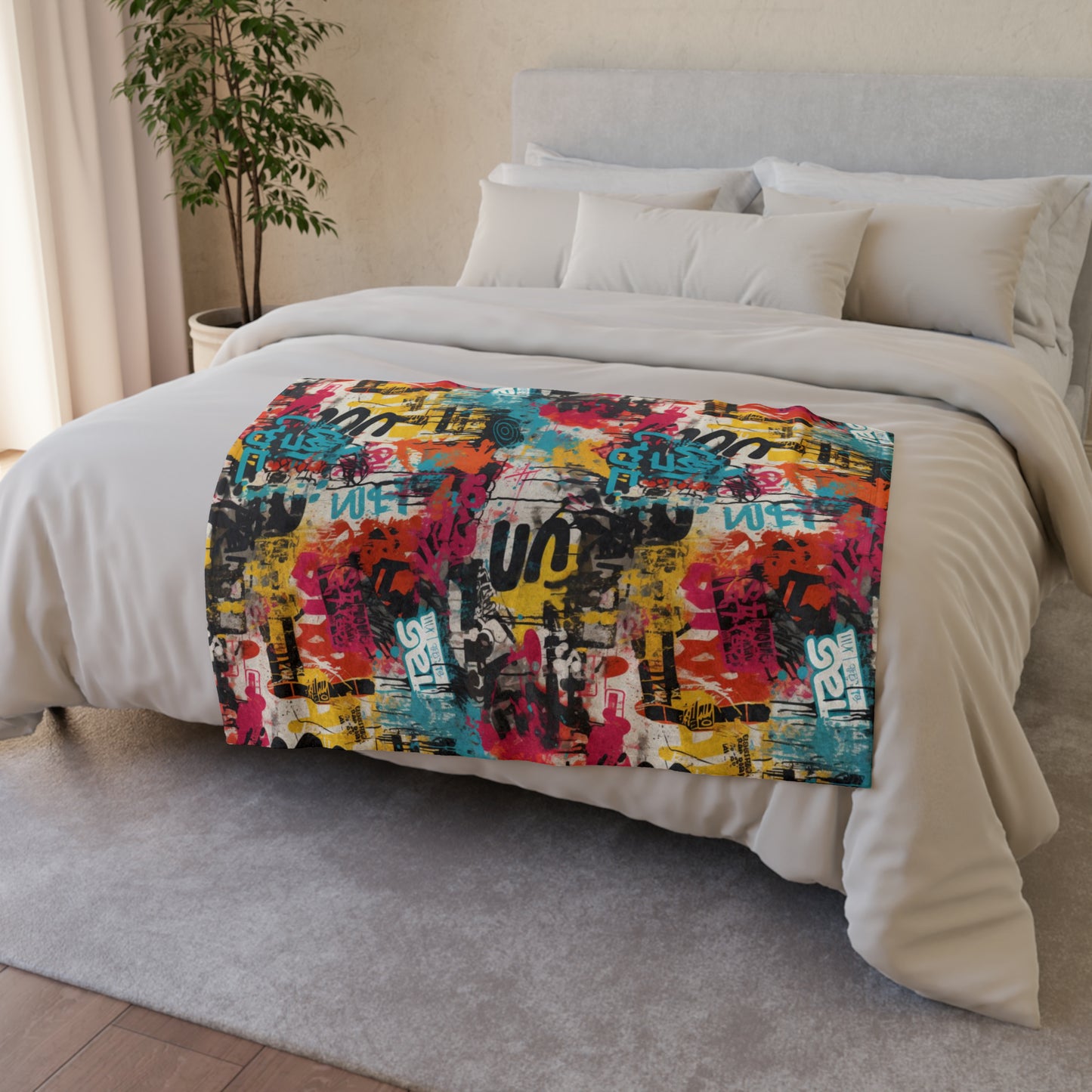 Urban Graffiti Distressed Print Throw Cover,  Street Art Style Home Decor