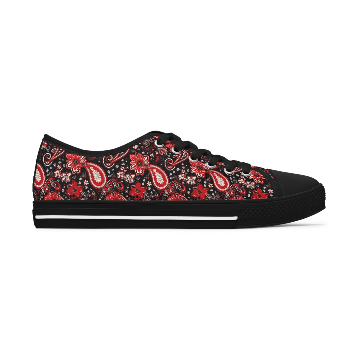 Black & Red Paisley Print Women's Low Top Sneakers, Stylish Paisley Pattern Sneakers