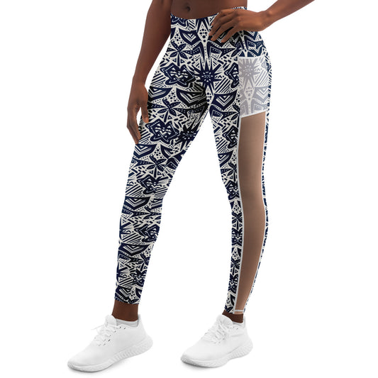 Royal Blue & White Women's Mud Cloth Luxury Leggings With Pockets, Abstract Ladies Workout Wear