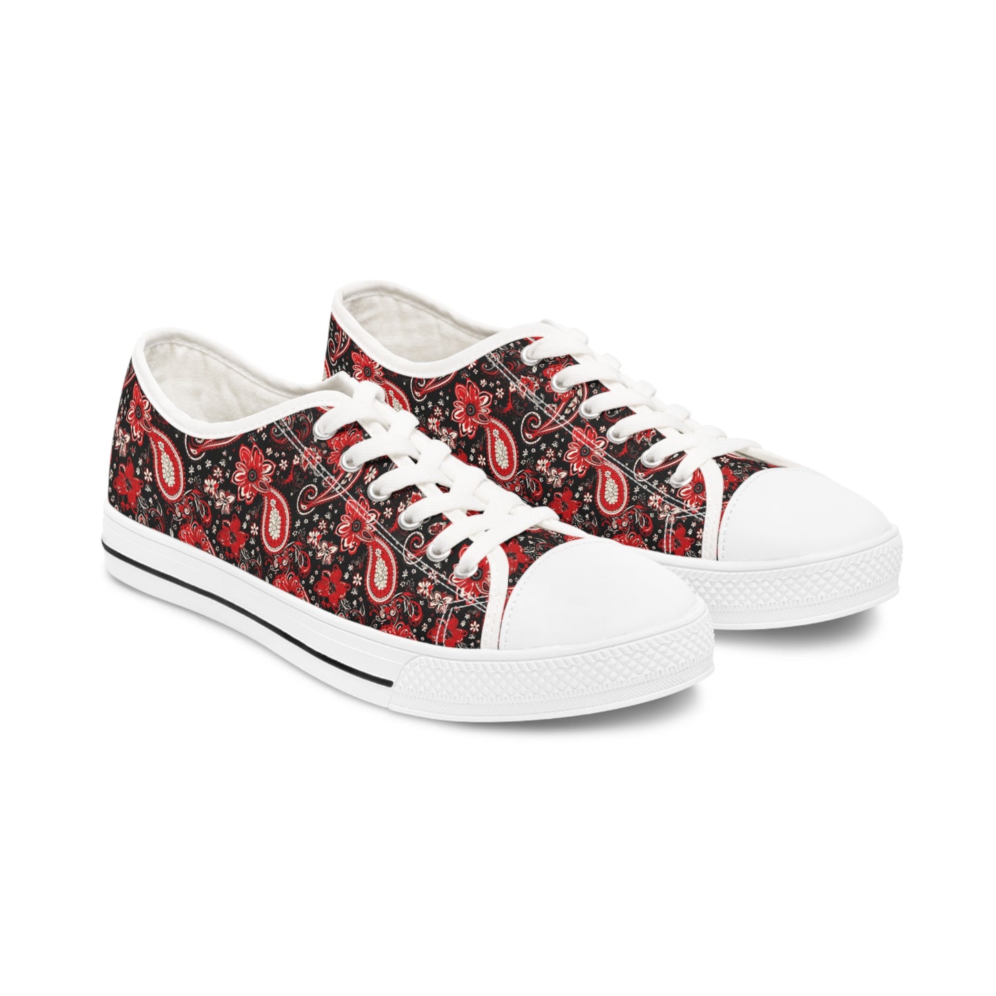 Black & Red Paisley Print Women's Low Top Sneakers, Stylish Paisley Pattern Sneakers