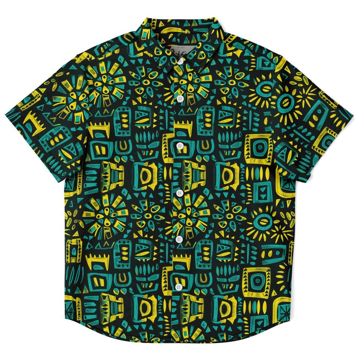 Blue, Green, Yellow African Print Kids Youth Short Sleeve Button Down Shirt