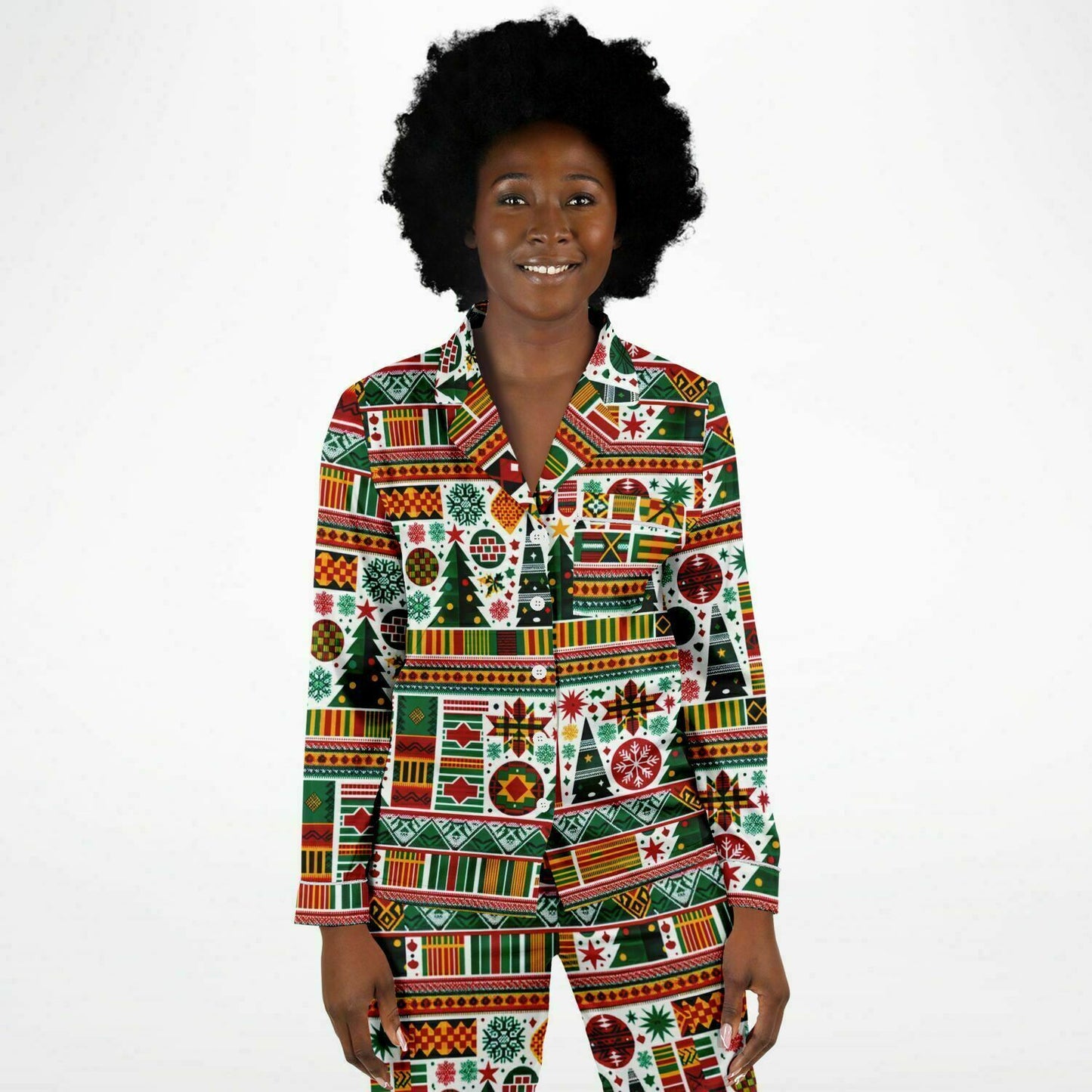 Kente Cloth Christmas Women's Satin Pajamas, Colorful Kente Cloth Christmas Themed Night Wear