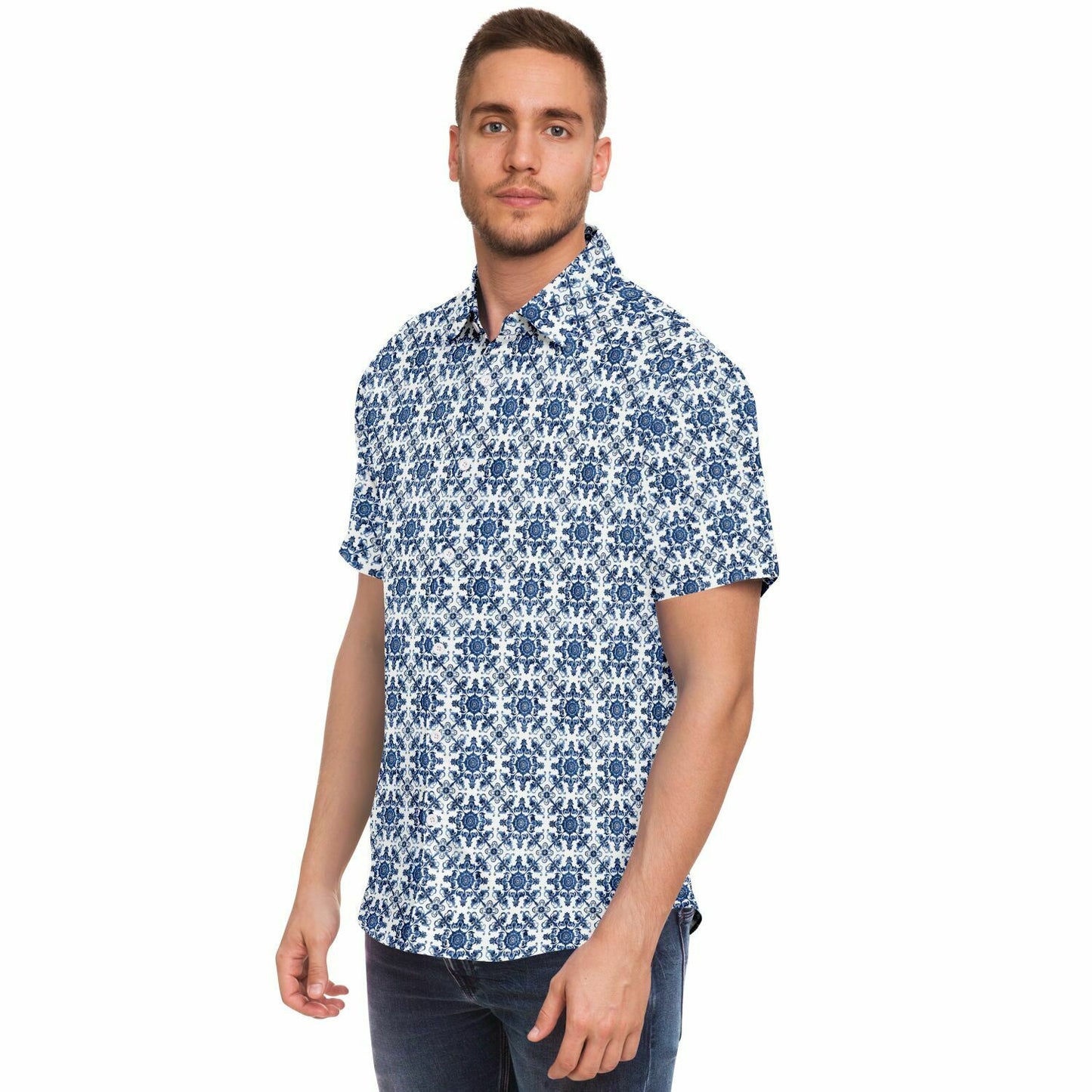 Blue Floral Pattern Short Sleeve Button Down Shirt, Men's Navy and White Print Dress Shirt