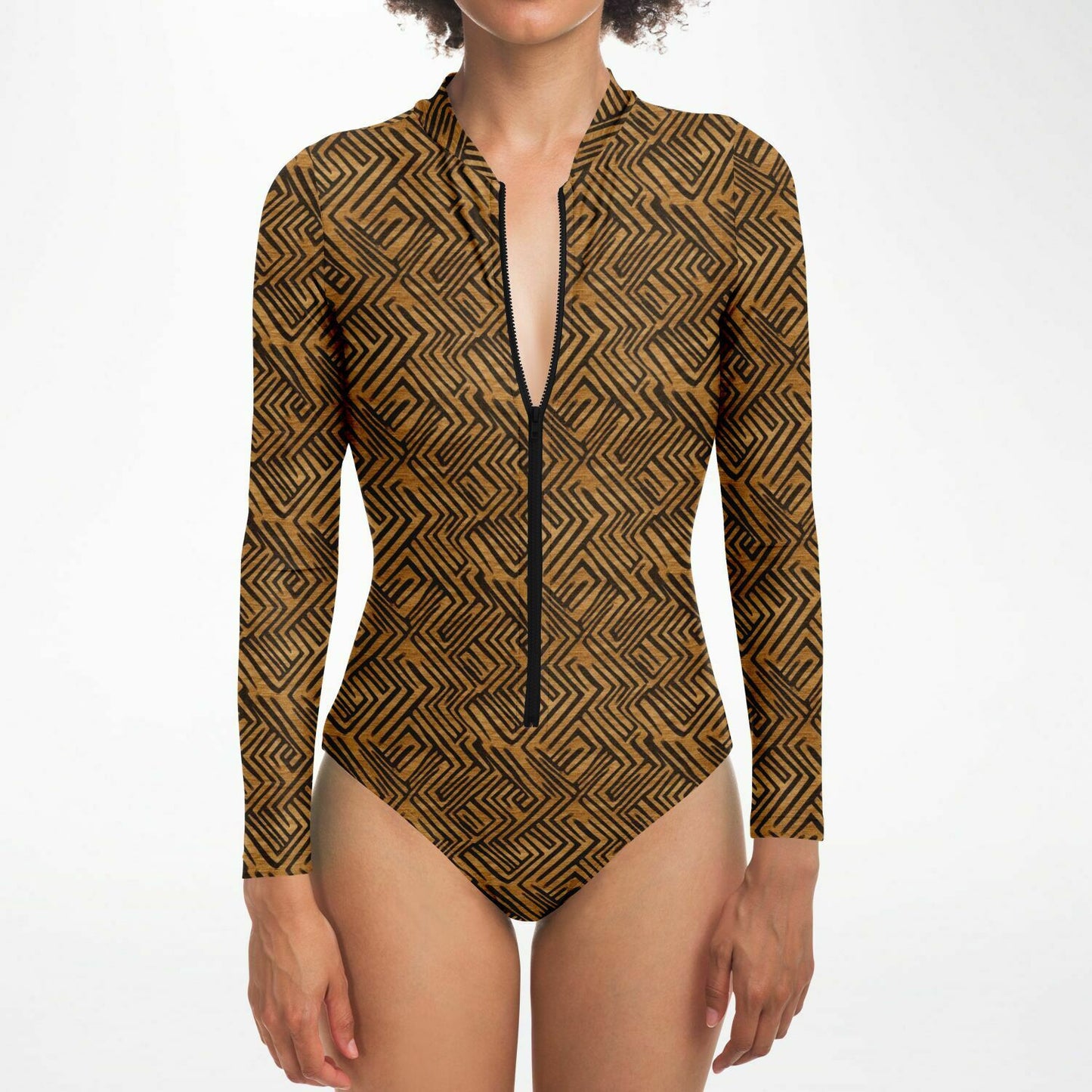 Brown & Black African Mud Cloth Women's Long Sleeve Bodysuit | African-Inspired Fashion | Comfortable African Print Activewear - Ships Free