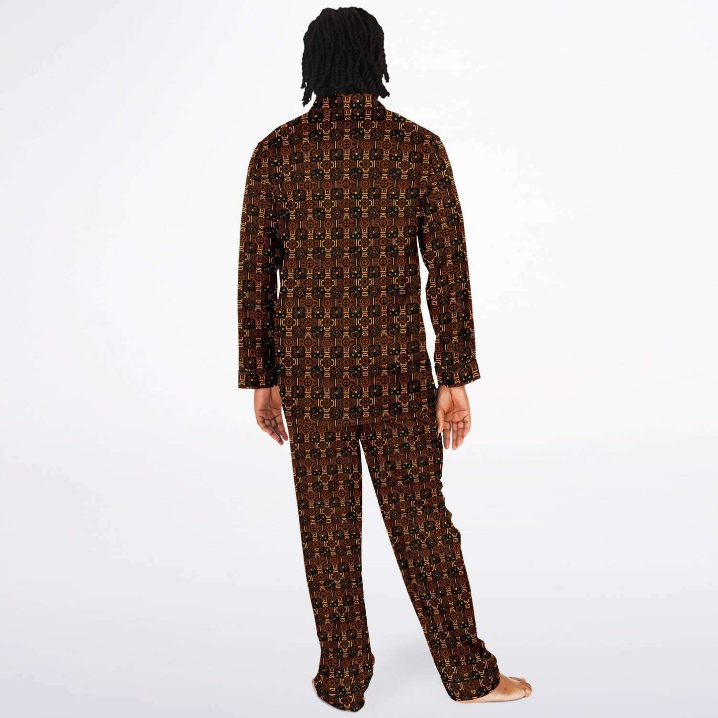 Brown African Wax Print  Men's Satin Pajama Set | Adinkra Symbols African Print' Big & Tall Satin Cozy Men's Loungewear