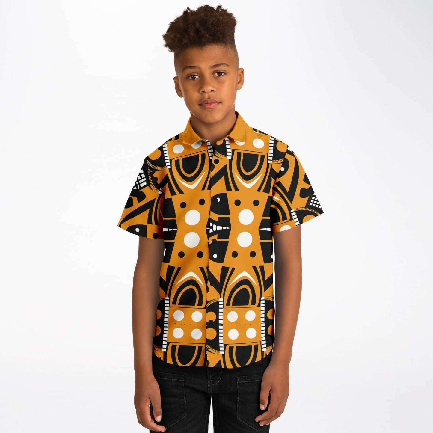 Black & Yellow African Print Kids Dressy Button-Up Shirt