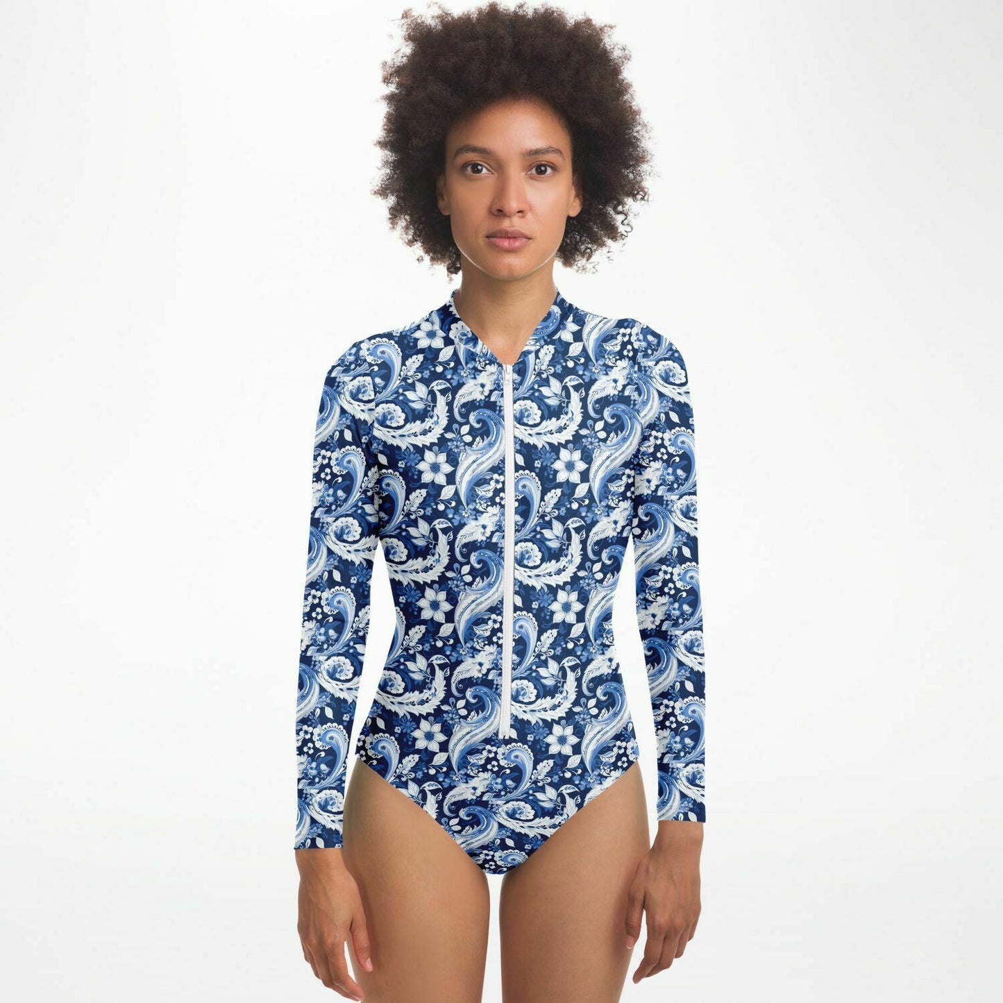 Blue & White Paisley Print Long Sleeve Bodysuit | Trendy UV protection Clothing | Paisley Print Women's Fashion | Bandana Print Bodysuit