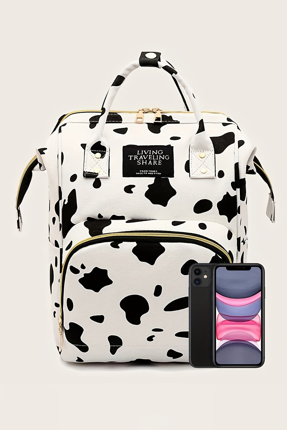 White Cow Spot Print Canvas Backpack - Durable, Multi-Pocket, and Versatile Design