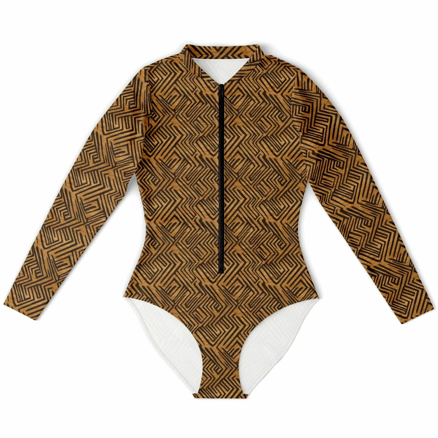 Brown & Black African Mud Cloth Women's Long Sleeve Bodysuit | African-Inspired Fashion | Comfortable African Print Activewear - Ships Free