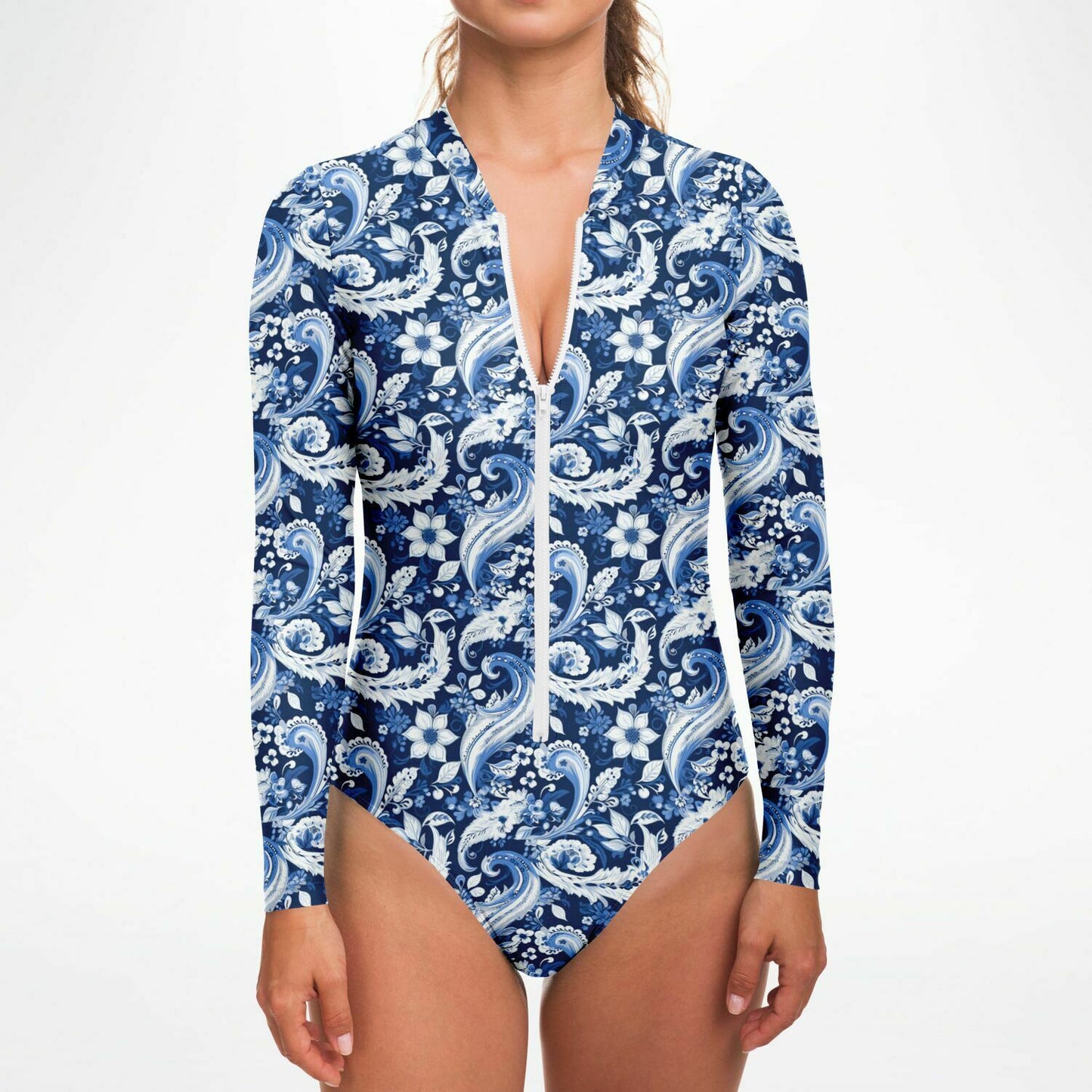 Blue & White Paisley Print Long Sleeve Bodysuit | Trendy UV protection Clothing | Paisley Print Women's Fashion | Bandana Print Bodysuit